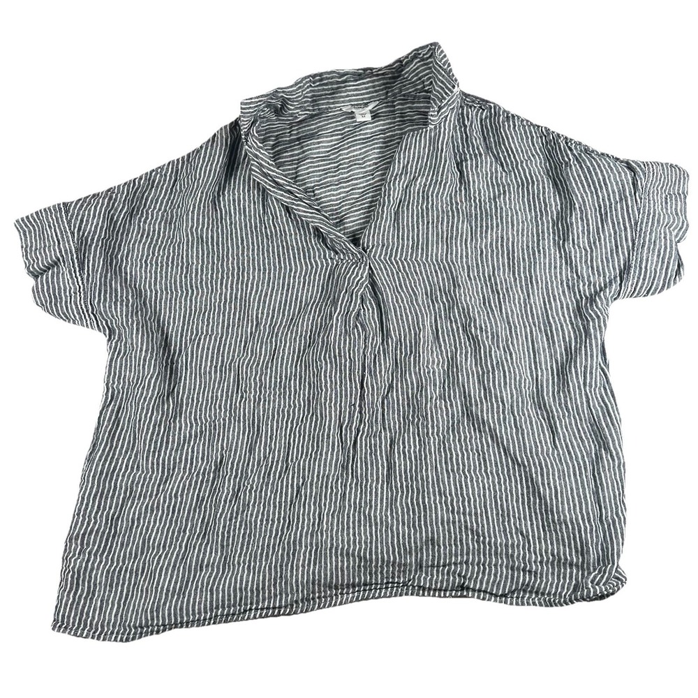 SONOMA M Crop Top S/S Dolman Cotton Stripe Black White Collar Yoke Back Pullover